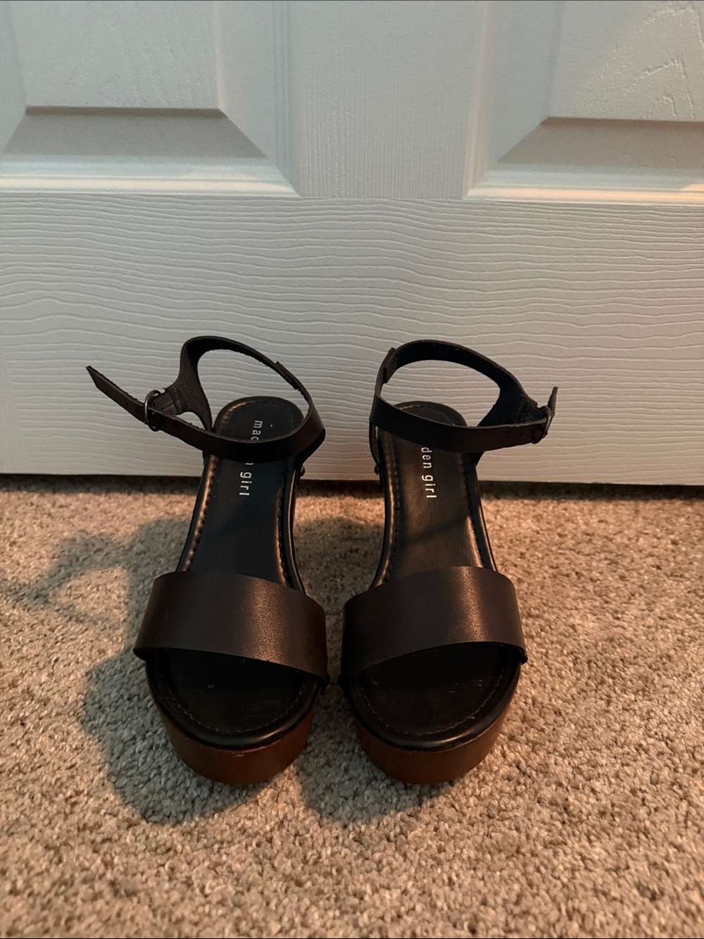 Madden Girl Black Leather Platform Sandals with Wood-Look Heel - Picture 2 of 2
